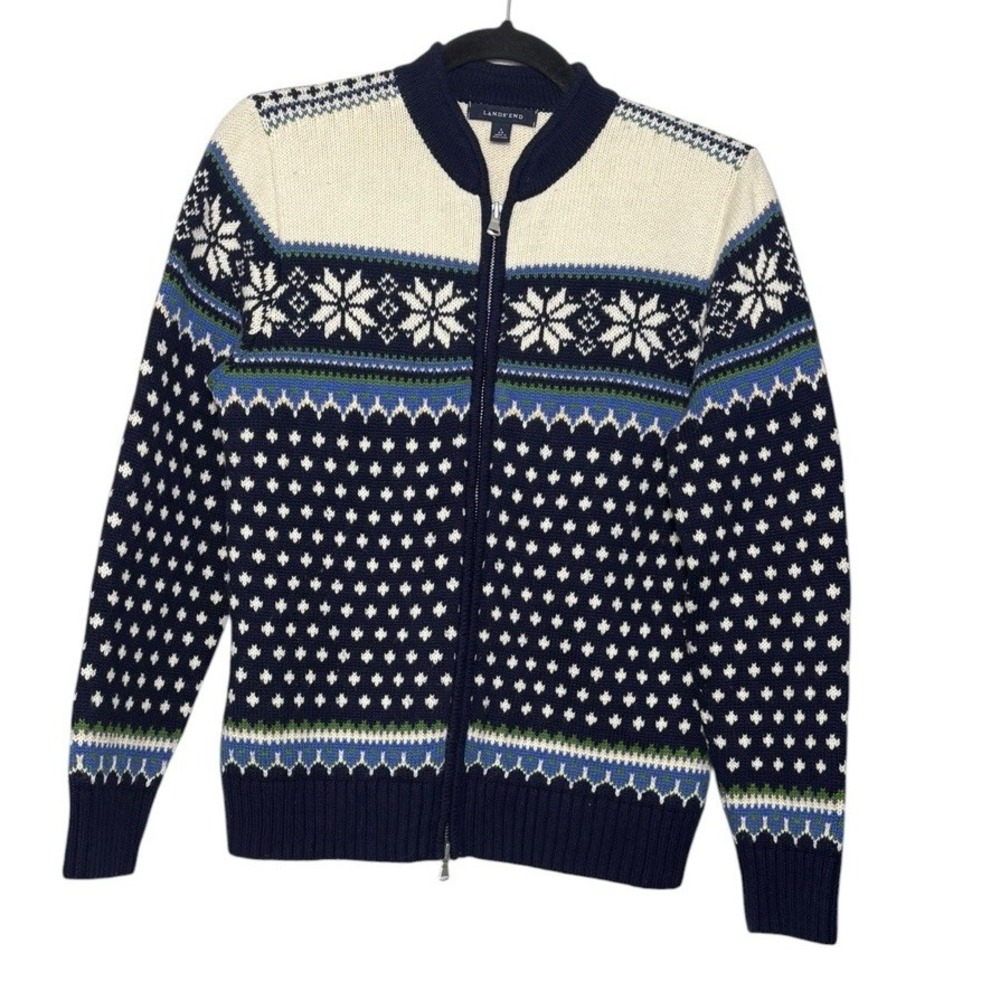 Land's End Lamb's Wool Blend Fair Isle Full Zip Sweater Women's Size Small
